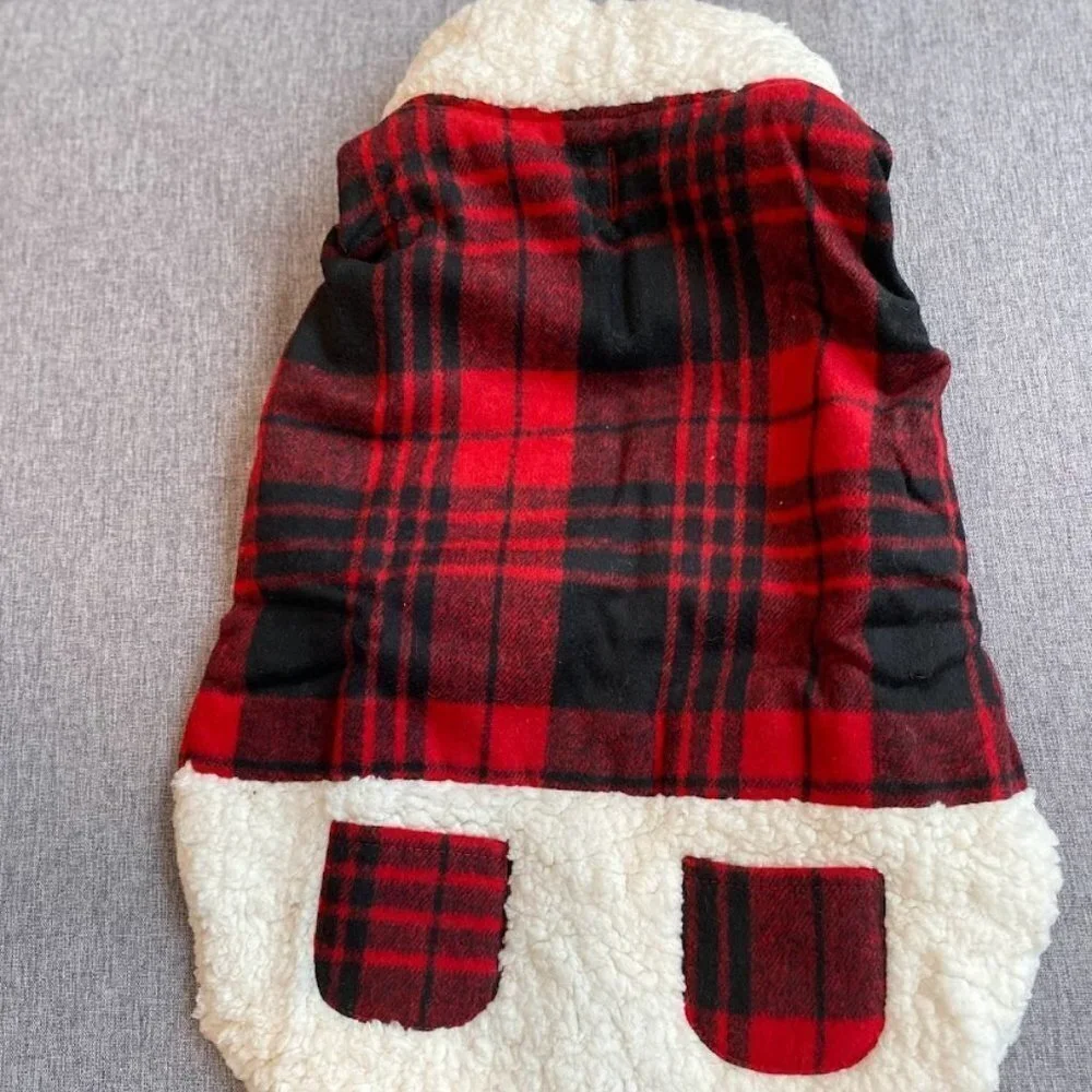 Dog Jacket Checked Plaid w/ Leash Hole, Winter Windproof Soft Lined
